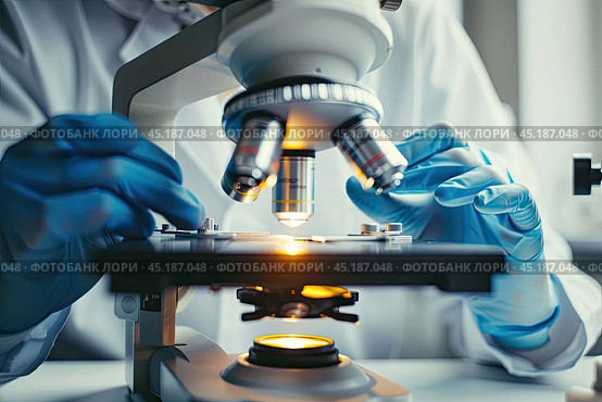 Close-up of the scientist's hands at the microscope lens during biological research. The concept of scientific research. Стоковое AI-изображение, AI-художник Ярославский Максим / Фотобанк Лори
