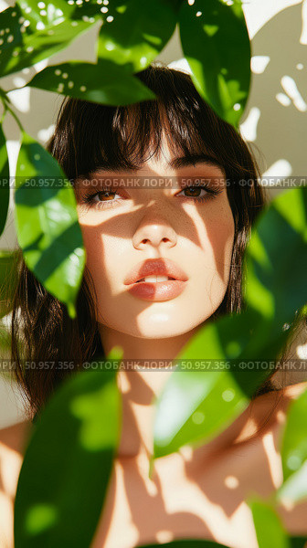 Close-up portrait of a serene woman's face, beautifully framed by vibrant green foliage and dappled sunlight, a celebration of natural connection. Стоковое AI-изображение, AI-художник Данила Большаков / Фотобанк Лори