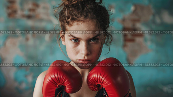 Close-up portrait of a young girl with boxing gloves, showing a serious expression. Стоковое AI-изображение, AI-художник Катерина Бондарец / Фотобанк Лори