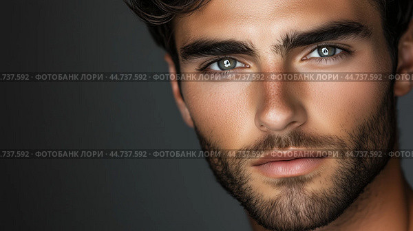 Close-up portrait of a young man with striking blue eyes and well-groomed facial hair against a dark background. Стоковое AI-изображение, AI-художник Сергей Толмачёв / Фотобанк Лори