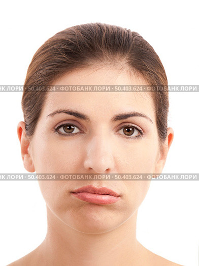 Close-up portrait of a young woman doing a pout expression, over a white background. Стоковое фото, агентство Ingram Publishing / Фотобанк Лори
