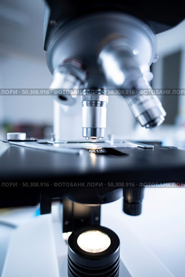 Close-up shot of microscope with metal lens at laboratory, Modern medical laboratory equipment. Стоковое фото, агентство Ingram Publishing / Фотобанк Лори