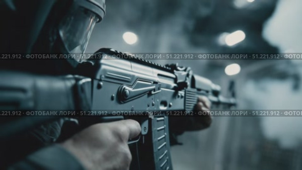 Close up soldier aiming assault rifle during target practice, demonstrating precision shooting skills inside professional firearms training facility. Стоковое AI-видео, аниматор Юрий Поздников / Фотобанк Лори