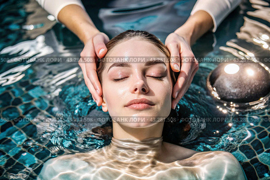 Close-up. View from above. A young, beautiful woman on spa treatments at beauty spa. The concept of a healthy lifestyle, relaxation, beauty treatments, self-love. Стоковое AI-изображение, AI-художник Photojuli / Фотобанк Лори