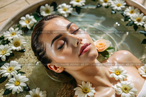 Close-up. View from above. A young, beautiful woman on spa treatments at beauty spa. The concept of a healthy lifestyle, relaxation, beauty treatments, self-love. Стоковое AI-изображение, AI-художник Photojuli / Фотобанк Лори