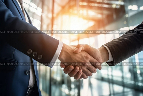Close up view of a firm handshake businessmen  entrepreneurs on a background of modern office lit by sunlight. Стоковое AI-изображение, AI-художник Михаил Строгалев / Фотобанк Лори