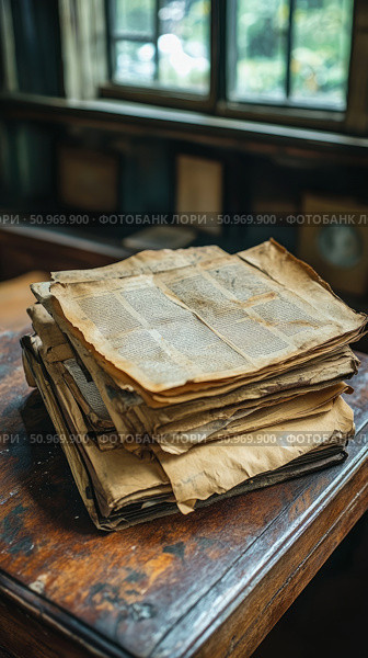 Close-up view of a pile of ancient, fragile manuscripts or books with visible text on rough, discolored pages, placed on a classic wooden desk in a historical study. Стоковое AI-изображение, AI-художник Данила Большаков / Фотобанк Лори