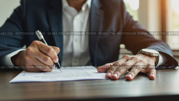 Closeup footage black businessman sitting at desk signing contract. Стоковое AI-видео, аниматор Sergey Grishin / Фотобанк Лори