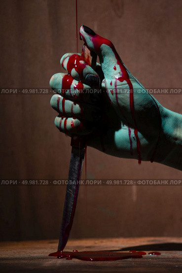 Closeup, Ghost woman or zombie hold knife for kill with blood violence in house of ruin, nightmare, horror of scary fear on hell is monster devil in halloween festival. Стоковое фото, агентство Ingram Publishing / Фотобанк Лори