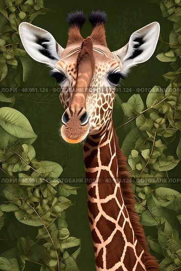 Closeup giraffe portrait in green leaves in jungle. Стоковое AI-изображение, AI-художник Наталья Симакова / Фотобанк Лори