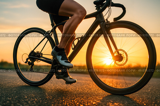 Closeup legs of cyclist accelerating on asphalt road at sunset symbolizing quick progress business startup speed persistence drive success. Стоковое AI-изображение, AI-художник Павел Муравьев / Фотобанк Лори