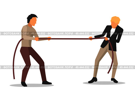 Closeup of men competition, two business pulling rope, symbol of gaining power and leadership vector illustration isolated on white. Closeup of Men Competition Vector Illustration. Стоковая иллюстрация, агентство Ingram Publishing / Фотобанк Лори