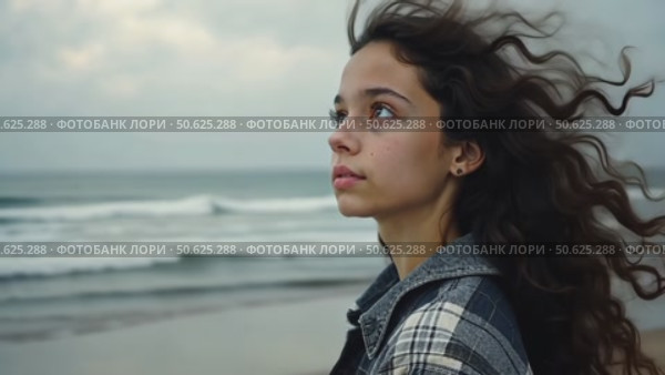 Closeup shot of pretty teenage girl with long dark curly hair wearing casual cozy plaid shirt, staying alone, thinking, dreaming, watching at camera, catching wind in her haircut. Стоковое AI-видео, аниматор Sergey Grishin / Фотобанк Лори