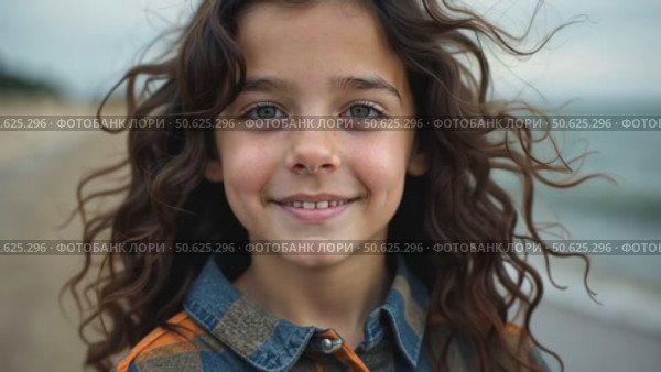Closeup shot of pretty teenage girl with long dark curly hair wearing casual cozy plaid shirt, staying alone, thinking, dreaming, watching at camera, catching wind in her haircut. Стоковое AI-видео, аниматор Sergey Grishin / Фотобанк Лори