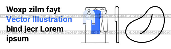 Clothing rack with shirts, dress, and pants. Abstract bean shape and text placeholder. Ideal for fashion, retail, interior design, branding creativity modern art marketing. Landing page. Modern Closet Display with Clothing and Abstract Shapes for Creative Design Ideas. Стоковая иллюстрация, агентство Ingram Publishing / Фотобанк Лори