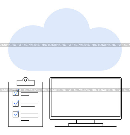 Cloud above monitor and checklist with checkmarks representing cloud computing applications. Ideal for data security, online storage, digital workflows, business planning, IT management, technology. Cloud Computing with Checklist and Monitor Exploring Data Management and Online Solutions. Стоковая иллюстрация, агентство Ingram Publishing / Фотобанк Лори