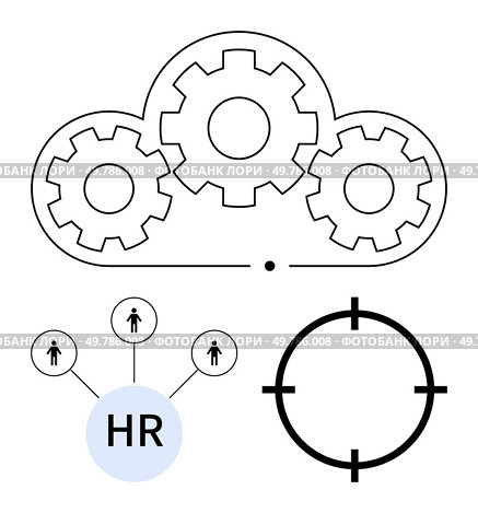 Cloud gear integration, HR node connections, and target focus symbol. Ideal for HR management, business strategy, cloud computing, data integration, workforce analytics, networked systems planning. Cloud integration with HR, network connections, and target focus concepts for business strategy. Стоковая иллюстрация, агентство Ingram Publishing / Фотобанк Лори