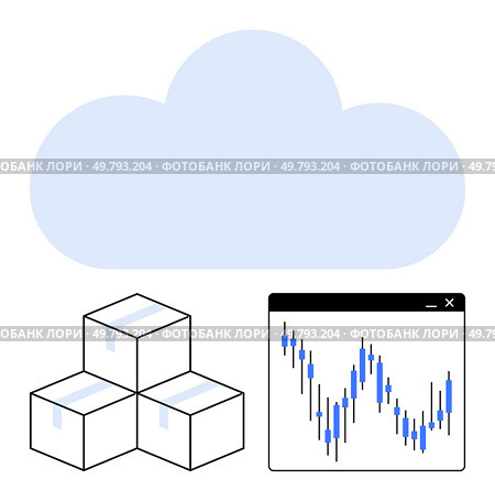 Cloud graphic with three boxes and a data chart representing networked services and statistical trends. Ideal for technology, business analysis, data storage, cloud computing, supply chain. Cloud Computing with Data Visualization and Boxed Components for Business Analysis. Стоковая иллюстрация, агентство Ingram Publishing / Фотобанк Лори
