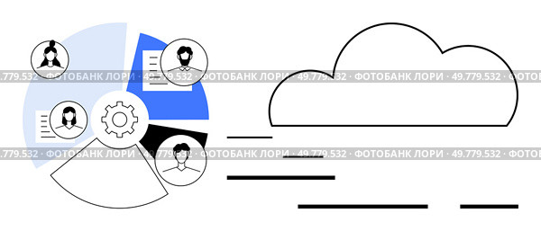 Cloud icon and connected user profiles around a circular chart with gear symbol. Ideal for team management, remote work, cloud computing, data sharing, IT infrastructure, group projects, digital. Cloud-based Team Collaboration Concept with Networked Users and Data Sharing. Стоковая иллюстрация, агентство Ingram Publishing / Фотобанк Лори