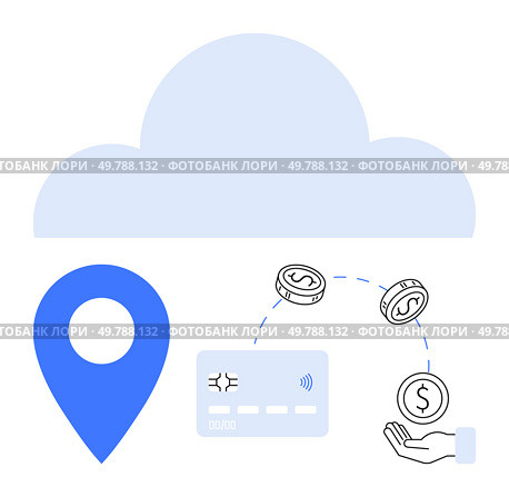 Cloud icon, location marker, credit card, hand holding coin, and floating coins. Ideal for online banking, e-commerce, financial tech, mobile payments digital wallets location services and secure. Cloud-based payment system with location tracking for seamless transactions and financial management. Стоковая иллюстрация, агентство Ingram Publishing / Фотобанк Лори
