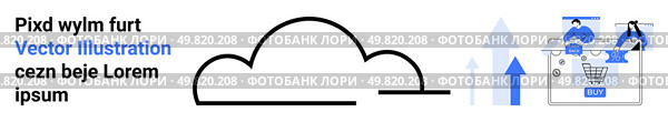 Cloud with arrows indicating uploaddownload, people interacting with data, shopping cart, and charts. Ideal for cloud computing, data management, e-commerce, technology, business strategy analytics. Cloud Storage and Data Analysis with E-commerce Integration in Modern Business. Стоковая иллюстрация, агентство Ingram Publishing / Фотобанк Лори