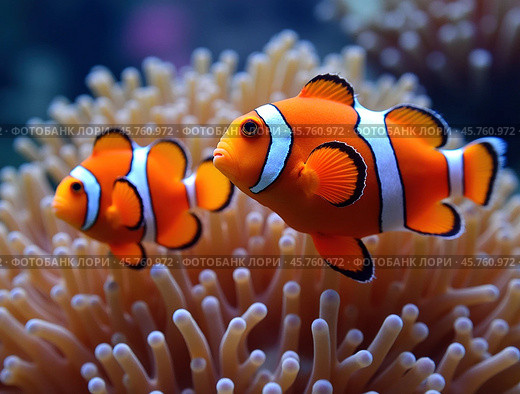 Clown fish or Clown anemonefish, Amphiprion bicolor, in natural habitat. Стоковое AI-изображение, AI-художник Евгений Ткачёв / Фотобанк Лори