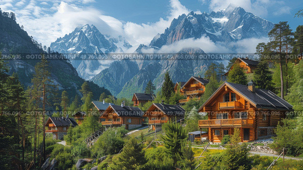 Cluster of wood cabins nestled among trees in forest with majestic mountains looming in background.. Group of Wooden Houses in Forest With Mountains. Стоковое фото, агентство Ingram Publishing / Фотобанк Лори