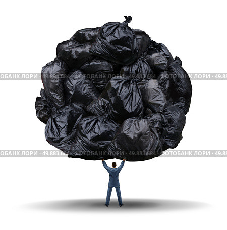 Clutter management business concept as a businessman lifting up a group of garbage bags as a leadership metaphor for cleaning up corporate waste and cutting company fat or getting rid of exess. Стоковое фото, агентство Ingram Publishing / Фотобанк Лори
