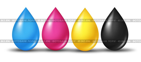 CMYK concept as cyan magenta yellow and black drops of ink or paint toner as a symbol of four color printing and designer calibration of saturation and tonality of printed and digital content. Стоковое фото, агентство Ingram Publishing / Фотобанк Лори