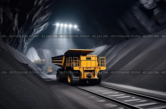 Coal mining. Large specialized transport transports coal from the mine. Стоковое AI-изображение, AI-художник Коханова Наталья / Фотобанк Лори