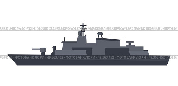 Coast Guard Cutter Flat Design Vector Illustration. Military warship vector. Coast guard cutter with small-caliber cannon on turret flat illustration isolated on white background. Navy armored boat. For military concept, infographics, icon, web design. Стоковая иллюстрация, агентство Ingram Publishing / Фотобанк Лори