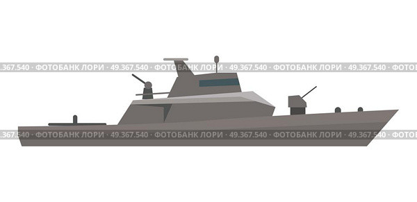 Coast Guard Cutter Flat Design Vector Illustration. Military warship vector. Coast guard cutter with small-caliber cannon on turret flat illustration isolated on white background. Navy armored boat. For military concept, infographics, icon, web design. Coast Guard Cutter Flat Design Vector Illustration. Стоковая иллюстрация, агентство Ingram Publishing / Фотобанк Лори