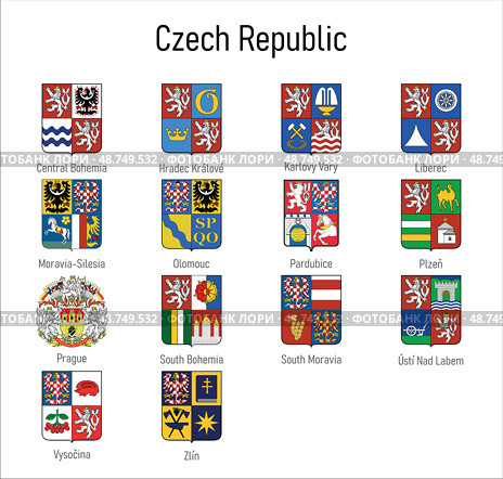 Coat of arms of the provinces of Czech Republic, All Czechia regions emblem. Стоковая иллюстрация, иллюстратор Максим Гребешков / Фотобанк Лори