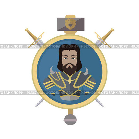 Coat of Arms Shield with Swords Illustration.  . Coat of arms shield with swords and hummer vector. Flat style. Cold weapon and armor with king portrait. Illustration for games industry concepts, icons and pictograms. Isolated on white background. Стоковая иллюстрация, агентство Ingram Publishing / Фотобанк Лори