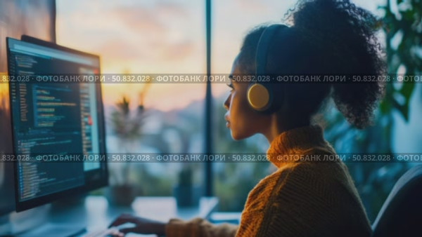 Coder At Work: A Woman's Serene Coding Session With Headphones Against A Sunset Backdrop. Стоковое AI-видео, аниматор Данила Большаков / Фотобанк Лори