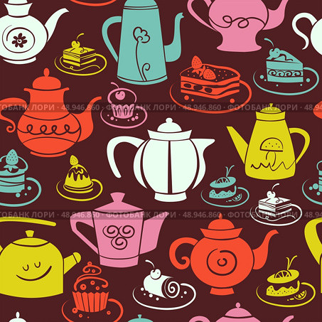 Coffee and tea seamless pattern. Set of sweet cakes and teapots icons. Стоковая иллюстрация, агентство Ingram Publishing / Фотобанк Лори