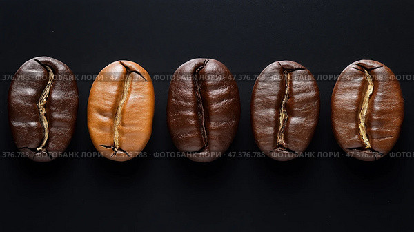 Coffee beans in various roast levels lined up for comparison. Кофейные зерна разной степени обжарки выложены для сравнения. Стоковое AI-изображение, AI-художник Katsiaryna Repich / Фотобанк Лори