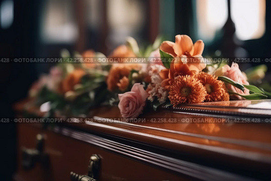 Coffin flowers funeral. Generate Ai. Стоковое AI-изображение, AI-художник Иван Рябоконь / Фотобанк Лори