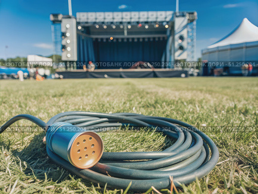 Coiled Electrical Cable on Grass Near a Stage and Tent. Generative AI. Стоковое AI-изображение, AI-художник Roman Zavorotny / Фотобанк Лори
