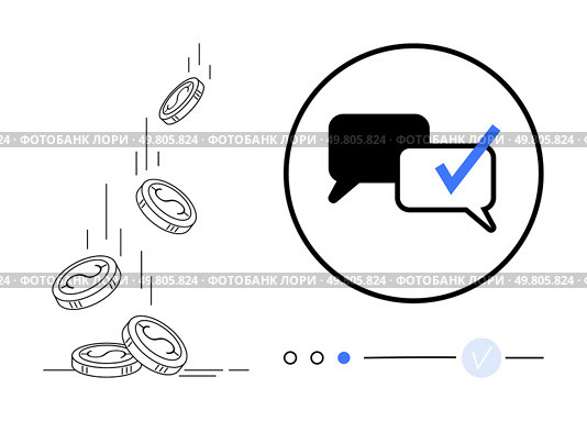 Coins falling and chat bubbles with check mark indicating approved or successful communication. Ideal for financial transactions, money transfers, banking, messaging, approval processes, feedback. Coins falling and chat bubbles with check mark indicating approved or successful communication. Стоковая иллюстрация, агентство Ingram Publishing / Фотобанк Лори