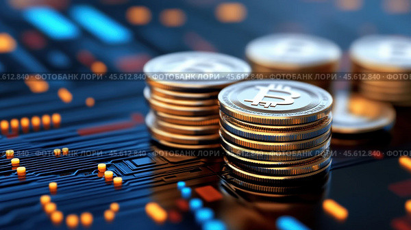 Coins with Bitcoin symbols stacked on a digital circuit board, representing cryptocurrency, AI. Стоковое AI-изображение, AI-художник Сергей Старуш / Фотобанк Лори