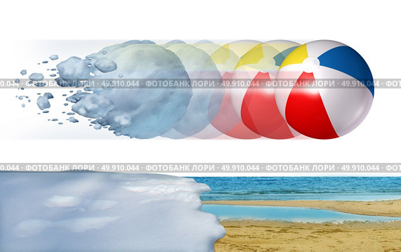 Cold to hot weather concept as a freezing winter snowball transforming into a summer beach ball as a season change or temperature changing metaphor with 3D illustration elements. Стоковое фото, агентство Ingram Publishing / Фотобанк Лори