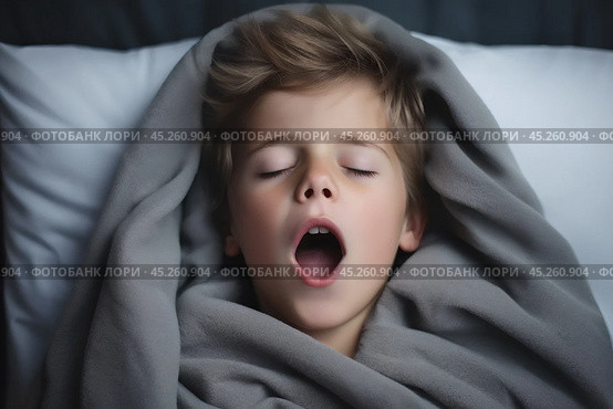 cold tones, boy in t shirt lied in bed under blanket and yawns or very emotional expression sings songs with wide opened mouth and squint eyes. Стоковое AI-изображение, AI-художник Sergey Grishin / Фотобанк Лори