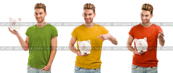 Collage of a young man holding a piggybank and smiling, isolated over a white background. Стоковое фото, агентство Ingram Publishing / Фотобанк Лори