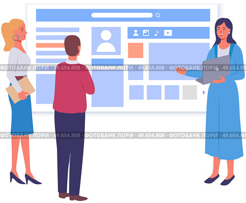 Colleagues discussing promotion of account in social network. Employees work with customer profile. Internet browser window with open social media. Configuration of profile with user data and photo. Colleagues discussing promotion of account in social network. Employees work with customer profile. Стоковая иллюстрация, агентство Ingram Publishing / Фотобанк Лори