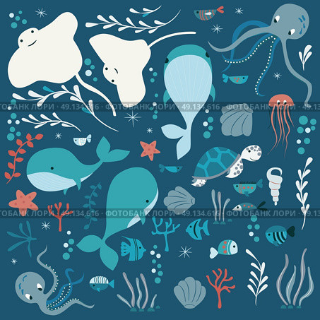 Collection of colorful sea and ocean animals, whale, octopus, stingray, jellyfish, turtle, coral, vector illustration. Стоковая иллюстрация, агентство Ingram Publishing / Фотобанк Лори