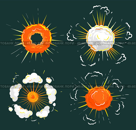 Collection of explosions, isolated icons set. Outbreak or blast with fume and fire. Flame and smoke caused by eruption or burst of energy. Fireball flaming spheres. Vector in flat style illustration. Explosion Fireball, Blast with Flame and Fume Set. Стоковая иллюстрация, агентство Ingram Publishing / Фотобанк Лори