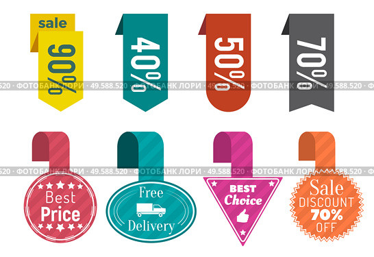 Collection of promo banners with percentage and text. 90 and 40, fifty and seventy percent off price. Best deals at market and shops. Ribbons with discounts and proposals for clients, vector. Sales and Discounts Promo Banners with Percent. Стоковая иллюстрация, агентство Ingram Publishing / Фотобанк Лори