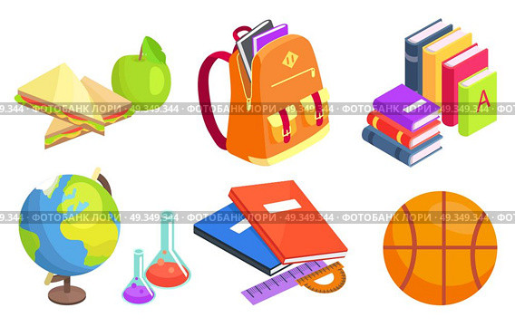 Collection of School-Related Objects Illustration. Collection of school objects isolated vector illustration. Cartoon style lunch meal, backpack, pile of books, globe maket, lab flasks and basketball ball. Стоковая иллюстрация, агентство Ingram Publishing / Фотобанк Лори