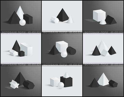 Collection of various geometric figures and prisms vector illustration square pyramids and sphere, pentagonal triangular prisms, cube and cuboid set. Collection of Various Geometric Figures and Prisms. Стоковая иллюстрация, агентство Ingram Publishing / Фотобанк Лори